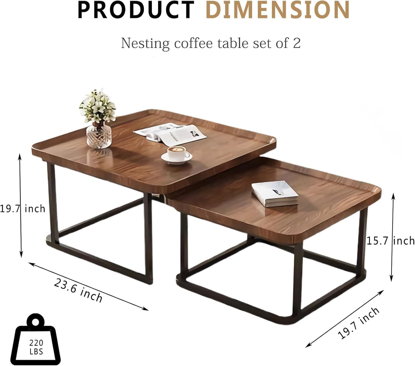 Windpost Square Nesting Coffee Table Set of 2, 23.6"+19.7" Nesting Tables,Small Square Coffee Table with Fluted,Center Table for Living Room Bedroom Office Balcony Yard (Walnut)