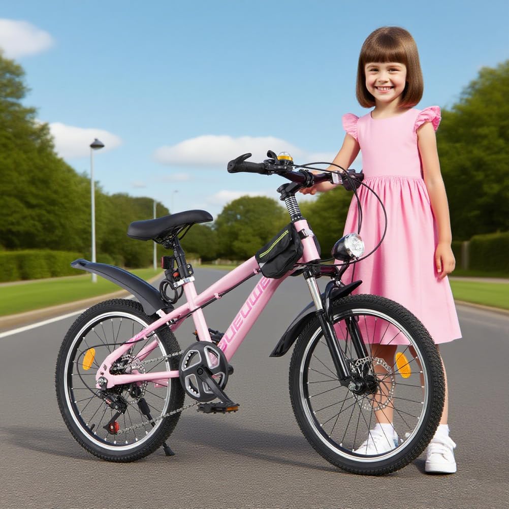 20 24 Inch Kids Mountain Bike, Children Bicycles for Boys and Girls Ages 6-12, 7 Speed Teenager Bikes with Disc Brakes, Adjustable Handlebars and Seat, Kickstand,Pink,20 Inch