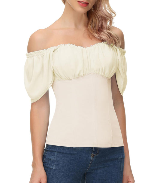 Womens Summer Top Off The Shoulder Vintage Top Flutter Ruffle Sleeve Victorian Shirt Slim Fit Blouse Beige M