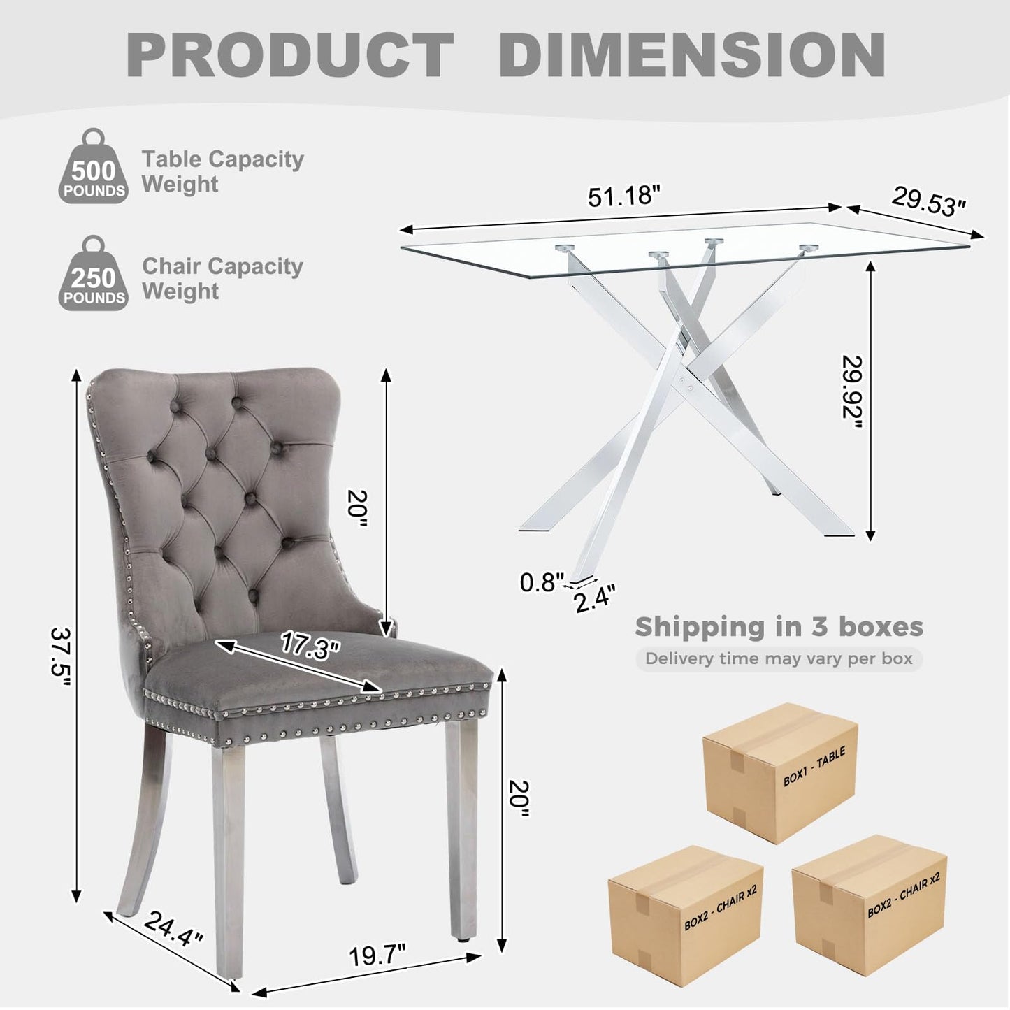 XUNGSUN 51 Inch Glass Dining Table Set for 4, Rectangular Glass Kitchen Table with 4 Upholstered Velvet Accent Chairs, 5 Piece Modern Dining Room Set, for Home, Apartment, Small Spaces - Grey Silver