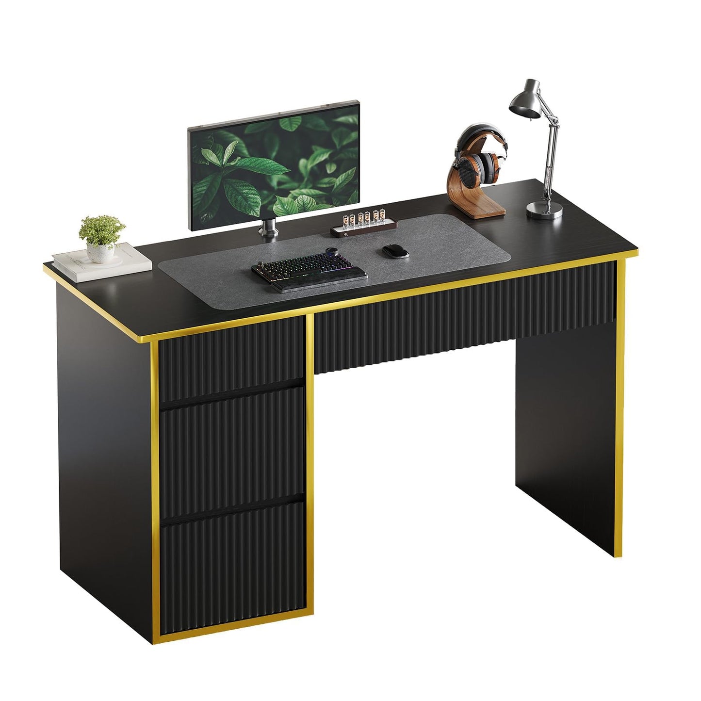 4 EVER WINNER Black Computer Desk with Drawers，47 Inch Home Office Desk with File Drawer and Hidden Handle, Writing Study Desk for Bedroom, Black Desk