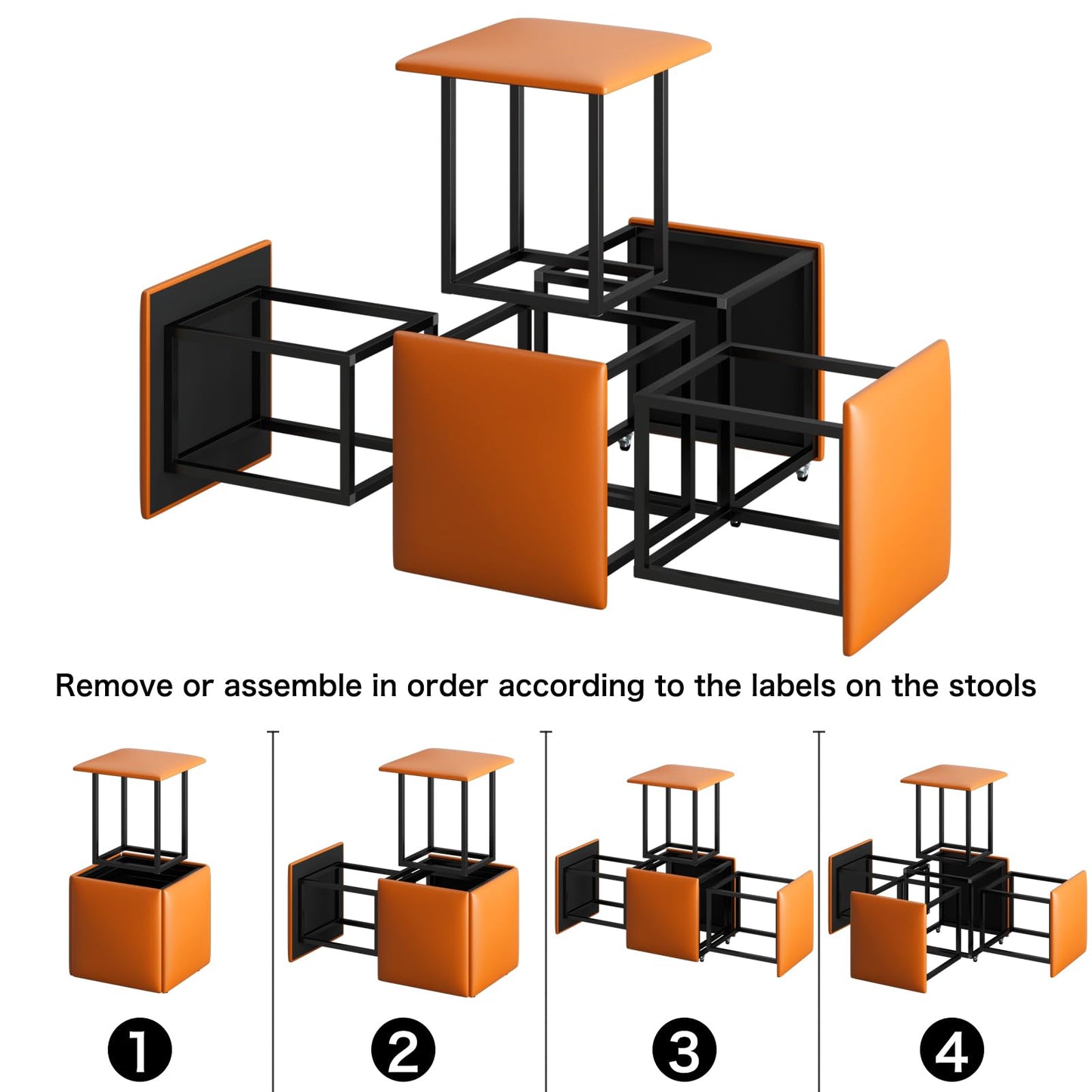 5-Piece Makeup Stool with Wheels, PU Leather Footrest Stool Ottoman Seat Vanity Stool, 5 in 1 Metal Frame Foot Rest Ottoman for Living Room, Bedroom, Orange
