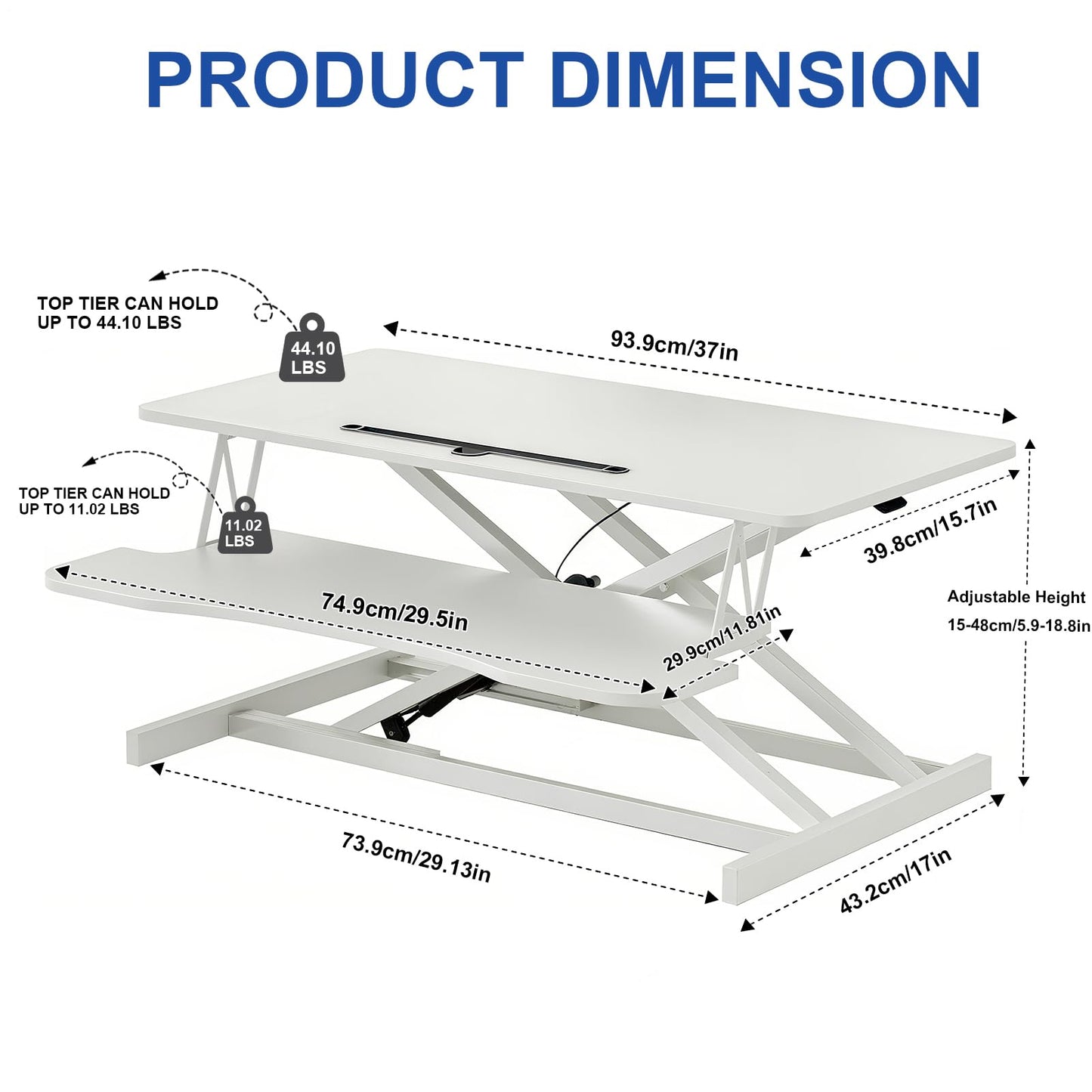 38-inch Standing Desk Converter Height Adjustable Sit to Stand Up Workstation, Duals Monitor and Laptop Riser with Wide Keyboard Tray, for Home, Schol, Company, White