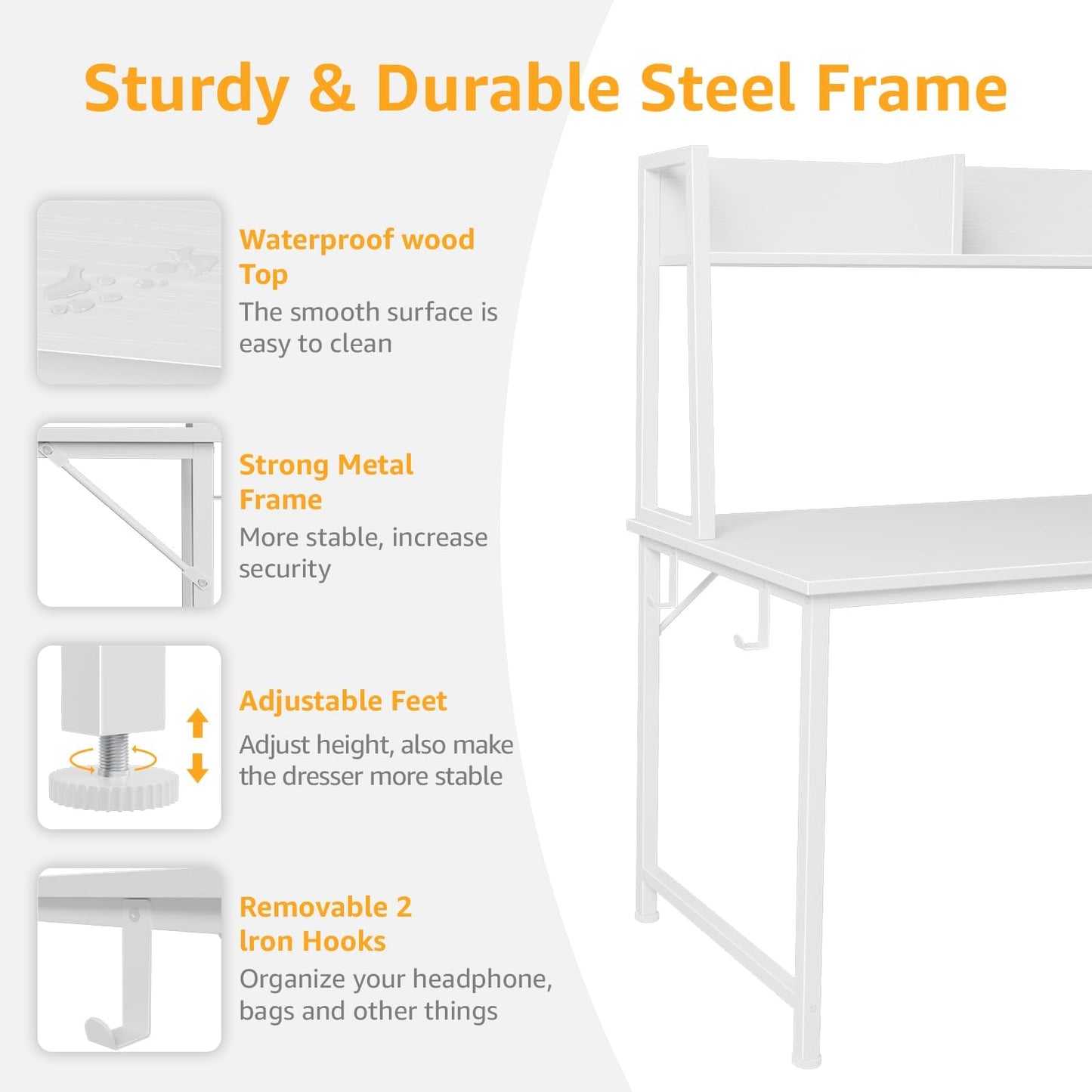 White Computer Desk with Hutch & Drawers - Office Desk with 3 Storage Drawers and Power Outlets, 47 Inch Modern Study Writing Desk for Bedroom Home Office