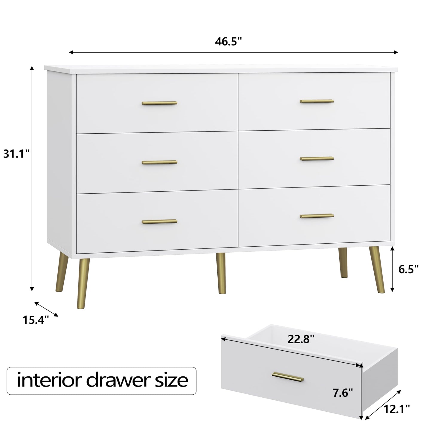White Dresser for Bedroom, Dressers & Chests of Drawers for Clothes Storage, Wood Dresser for Closet with 6 Drawers, Wide Long Clothes Organizer with LED Light for Hallway, Entryway, Metal Handles