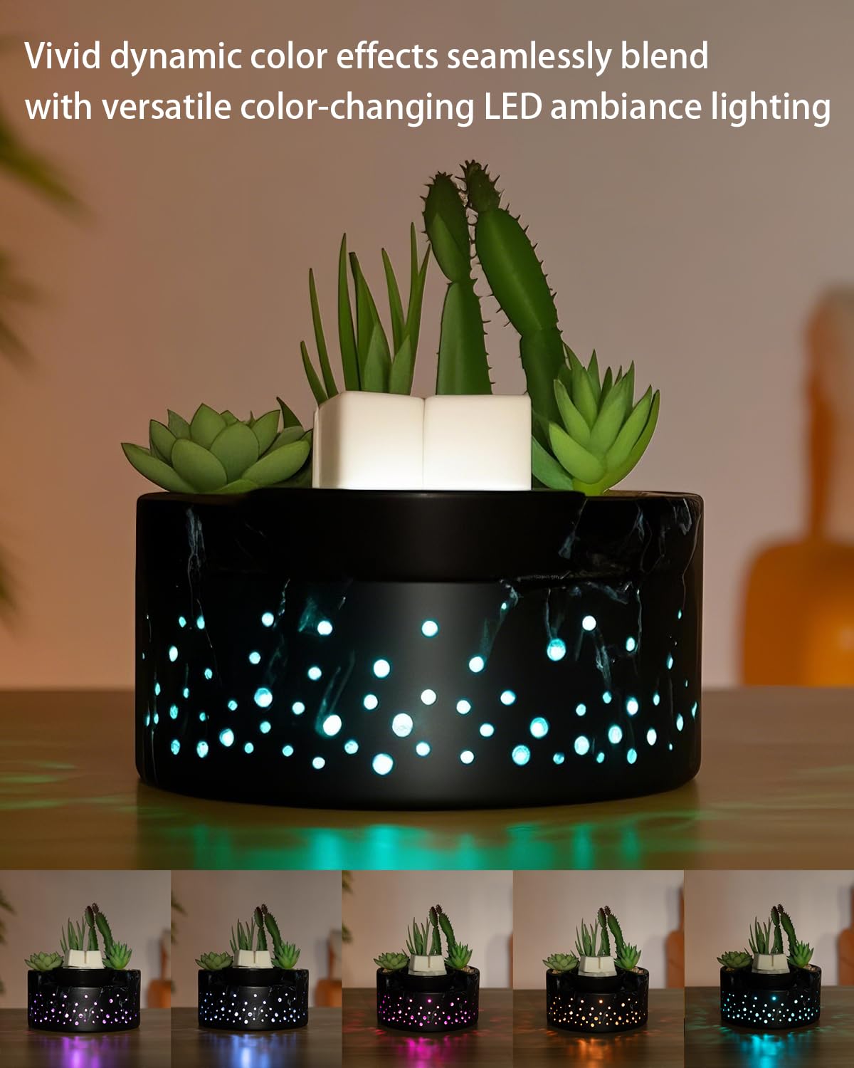 waxarapy Ceramic Wax Melt Warmer 4-in-1, Flameless PTC Heating with 7-Colors LED Changing Light, Electric Essential Oil Diffuser, Yoga Room/Home Decor Wax Melter Black Succulent Design