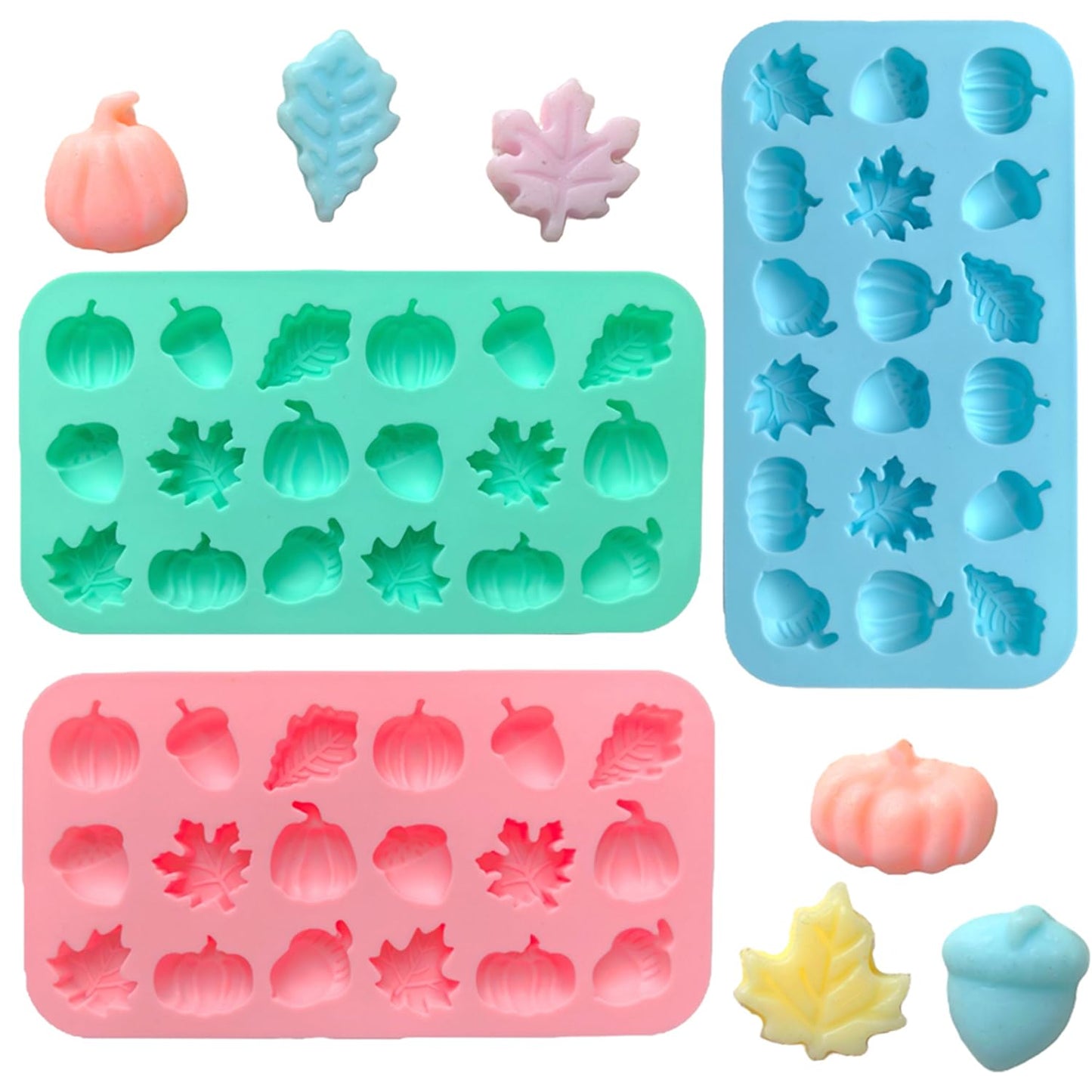 3Pcs 18-Cavity Autumn Harvest Themed Silicone Mold 3D Pumpkin Maple Leaf Chestnut Shaped Chocolate Biscuit Candy Mold, Thanksgiving Silicone Molds for Cake Decoration