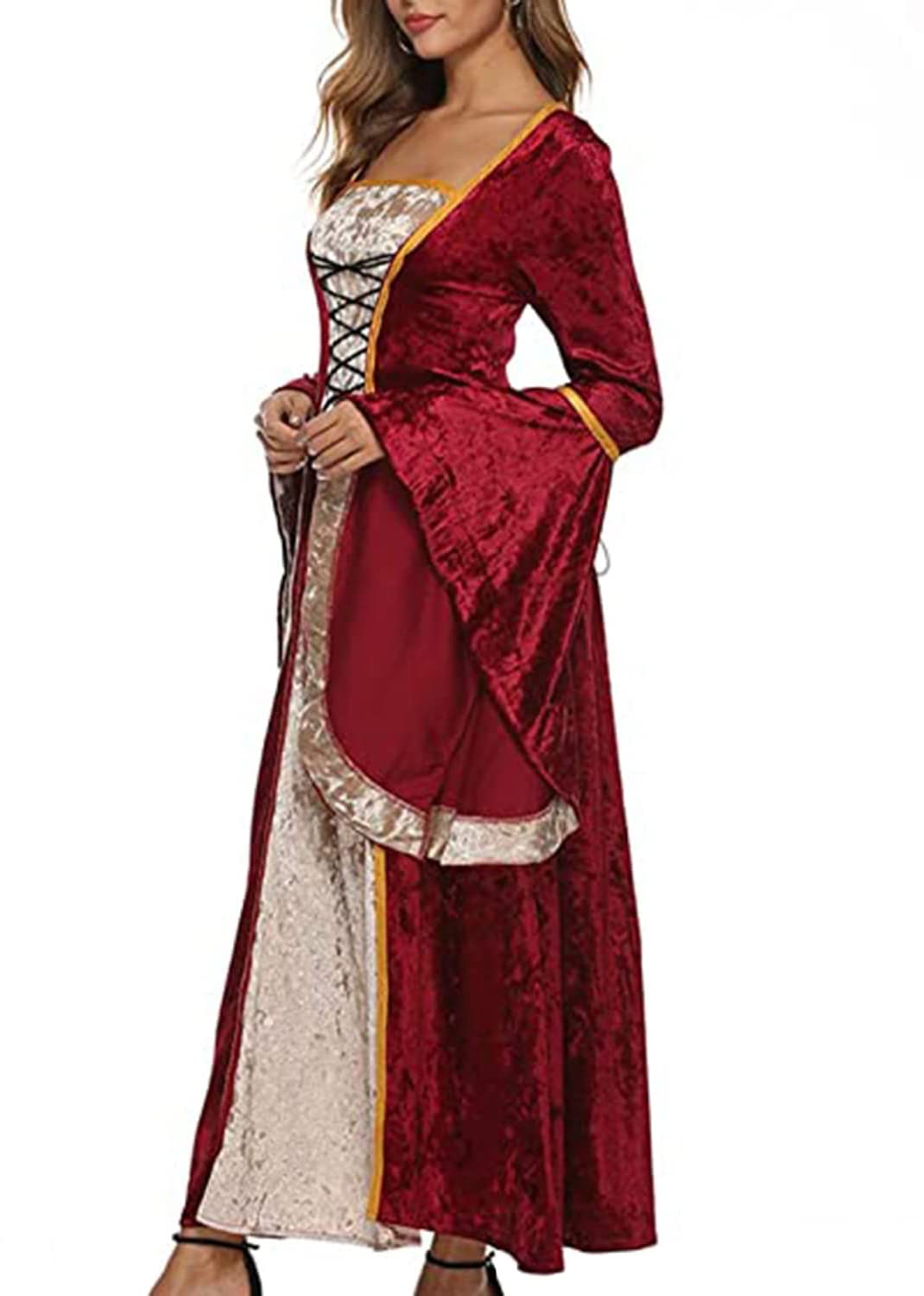 YEAXLUD Womens Renaissance Medieval Costume Dress Lace up Irish Over Long Dresses Cosplay Retro Gown S-5XL (M, Wine Red)