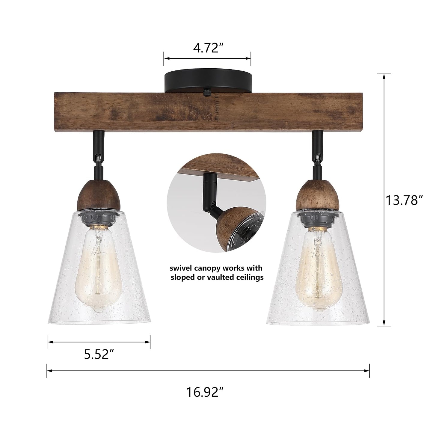 2-Light Rustic Farmhouse Glass Track Flush Mount Ceiling Light Fixture Mini Clear Seeded Glass Shade and Oak Wood Semi Flush Mount Ceiling Light for Kitchen Bedroom Hallway Entryway Sink