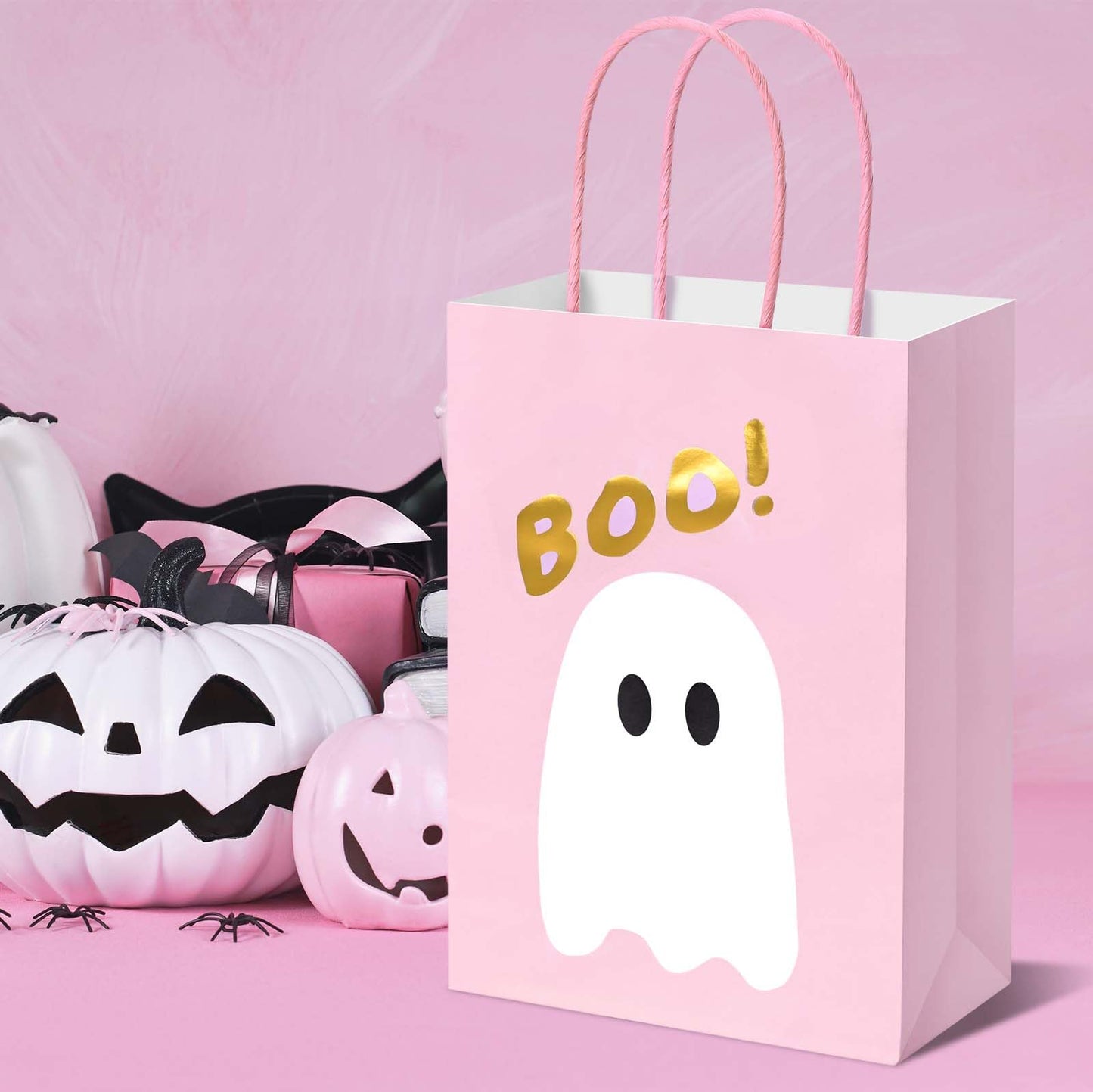 24Pcs Pink Halloween Paper Gift Bags with Handles Cute Ghost Boo Goodie Treat Bags for Halloween Baby Shower Party Trick or Treat Party Supplies