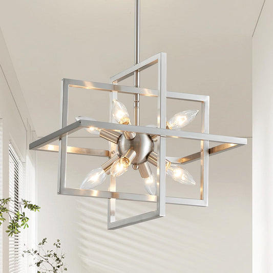 XINGQI Modern Chandelier 8-Light Brushed Nickel Geometric Pendant Lighting Farmhouse Ceiling Light Fixtures for Dining Room Living Room Kitchen Island Bedroom Hallway