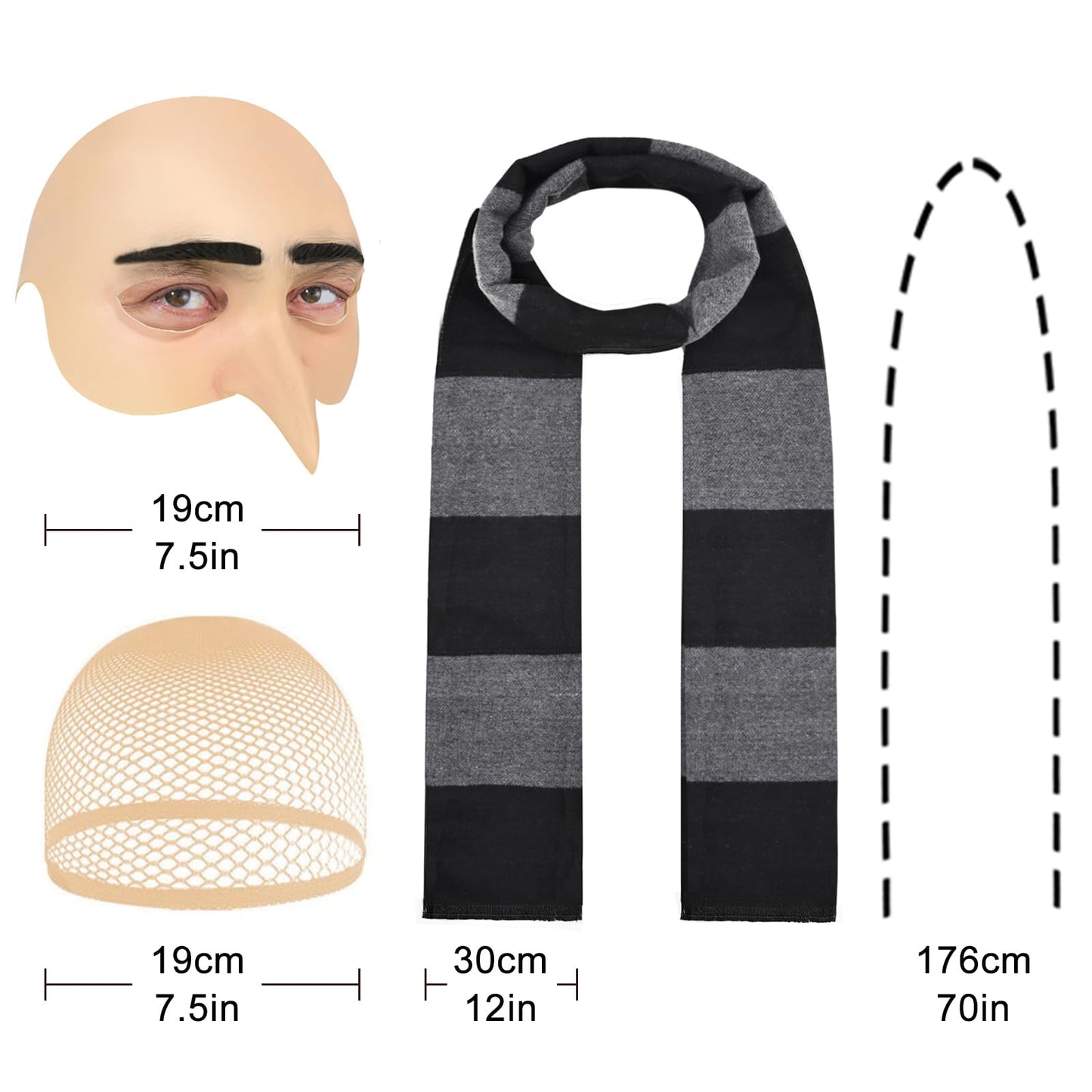 3Pcs Halloween Costume for Adult, 2025 Bald Cap for Men Halloween Black Gray Striped Scarf and Mesh Wig Cap,Cosplay Classic Characters Party Set