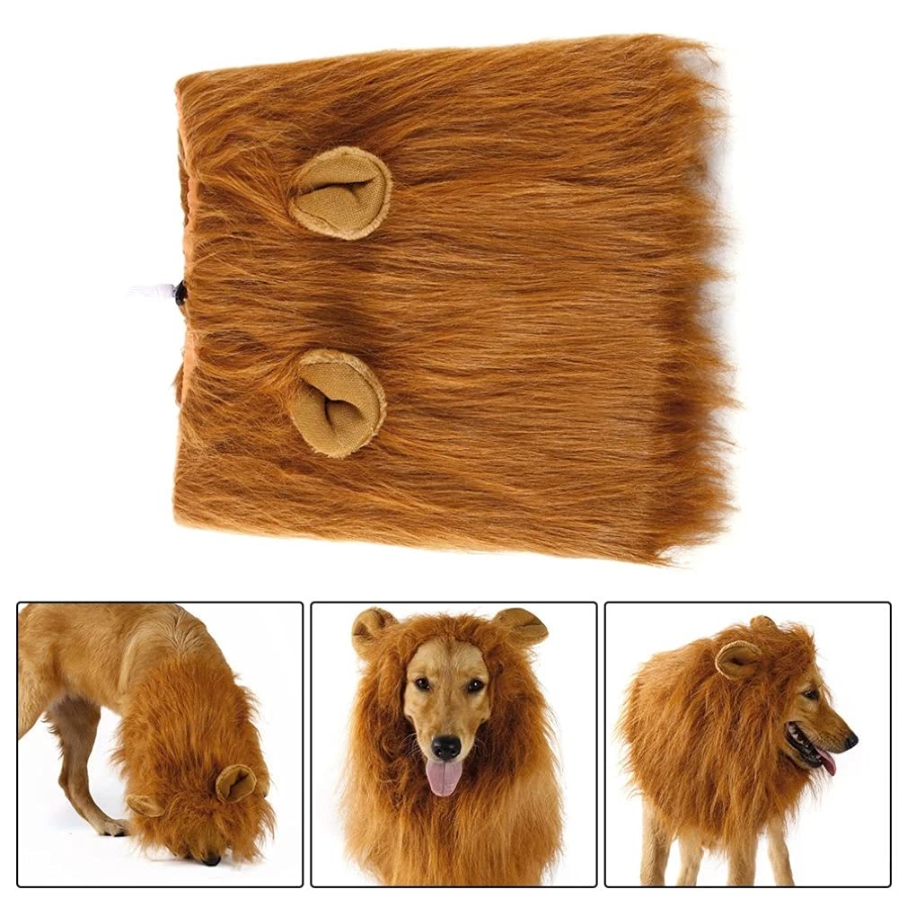 6MILES 1 Pcs Light Brown Adjustable Washable Comfortable Funny Lion Mane Wig with Ears for Dog and Cat Costume Pet Fancy Hair Clothes Dress, Large