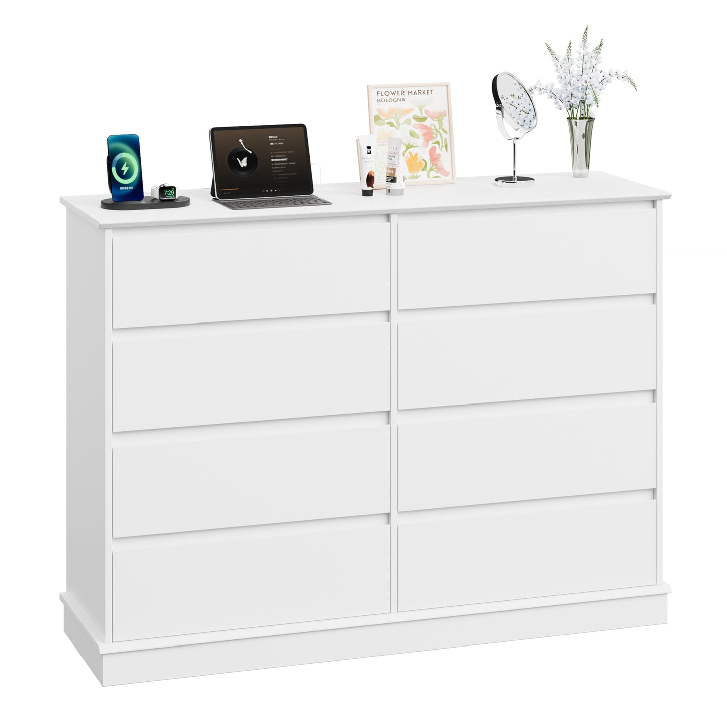 White 8 Drawer Dressers for Bedroom, Chest of Drawers with Deep Drawers, Large Double Dresser for Closet with Wide Top, Horizontal Wooden Dresser for Living Room, Hallway, Kids Room