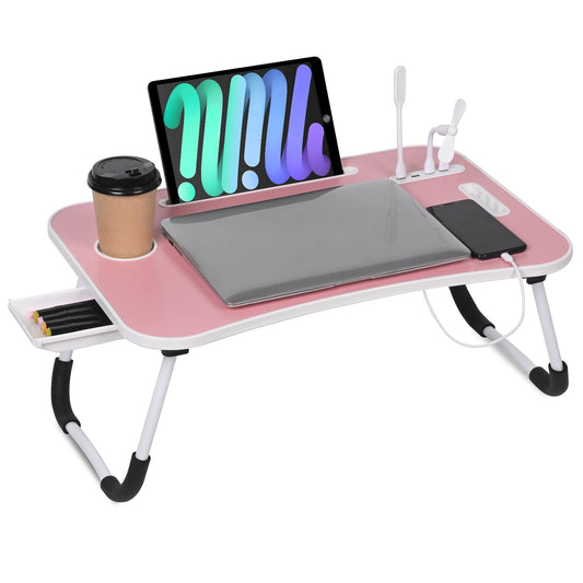 23.6 inch Portable Bed Desk, Folding Lap Desk with 4 USB Ports, Wind Fan, LED Light, Cup Holder and Side Drawer for Working, Reading, Writing, Eating on Bed, Sofa, Floor (Pink)