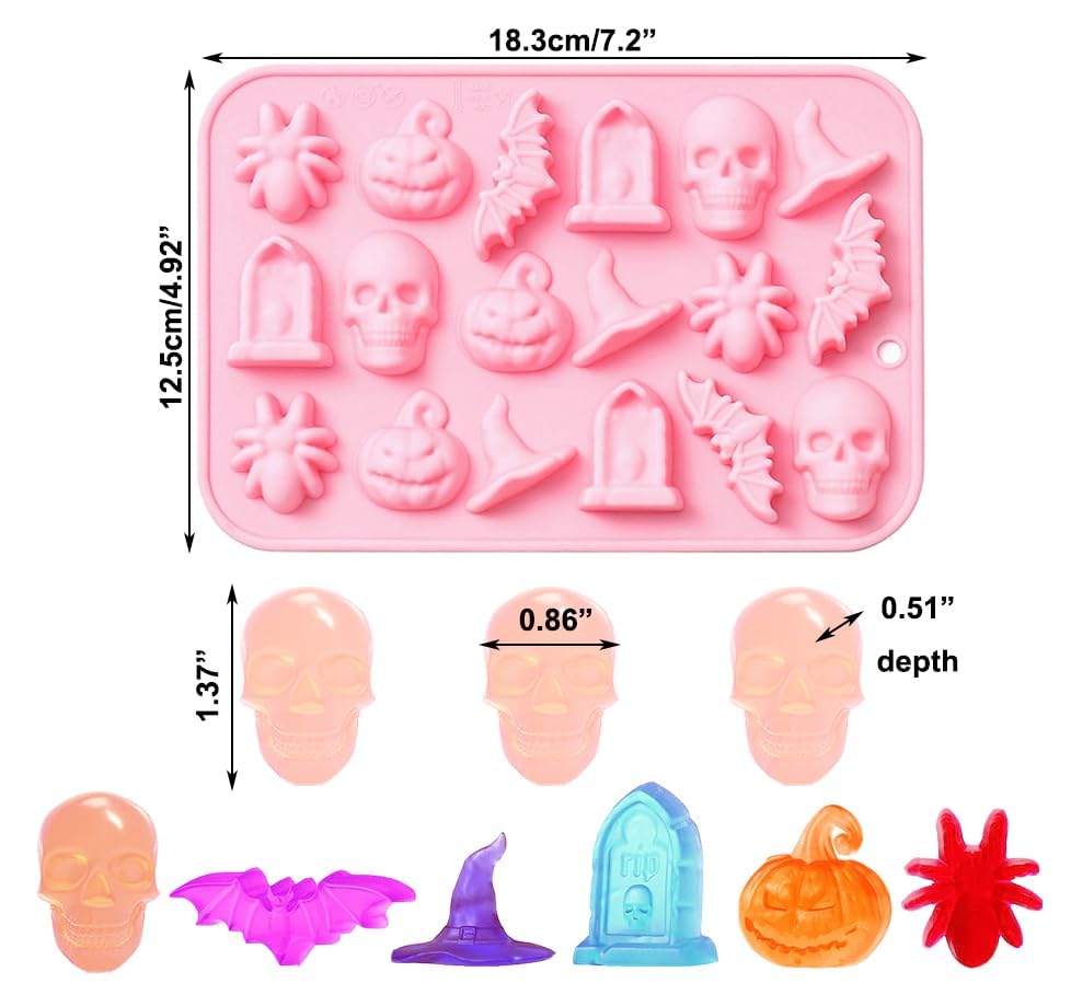 2 Pack Halloween Chocolate Mold Pumpkin Bat Skull Tomb Spider Shape Silicone Mold for Chocolate Candy Gummy Jello Ice Cube Melt Biscuits Cake Decoration Silicone Baking Mold Making Kit for Kids