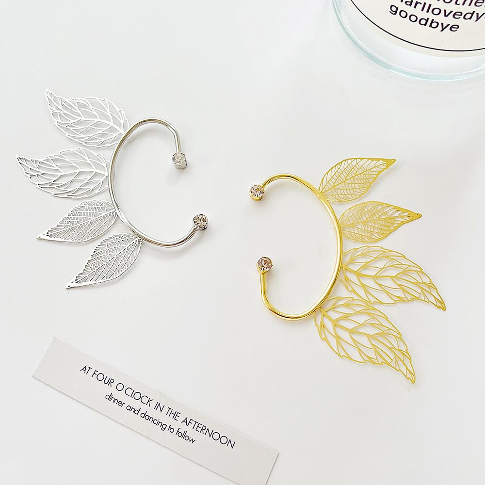 2Pcs Rhinestone Leaf Climbers Crawl Ear Clip Earrings Crystal Left Ear Cuff Wrap Clip Earring Jewelry for Women Party Accessories (Gold)