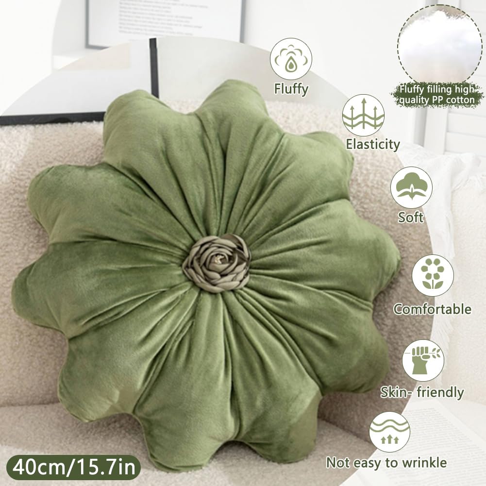 2Pcs Flower Pillow Cushion Round Aesthetics Decorative Throw Pillow 15.7" Velvet Flower Shaped Pillow for Bed Sofa Couch Vanity Chair (Green)