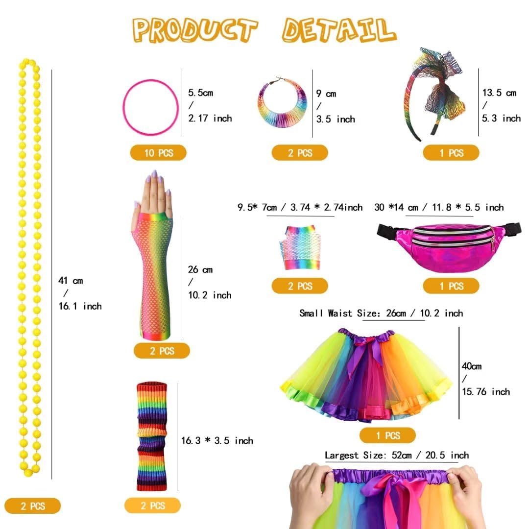 WILDPARTY 80s Costume Accessories for Women, T-Shirt Tutu Fanny Pack Headband Earring Necklace Fishnet Gloves Legwarmers 80s Party Outfit for Women 24PCS (Multicolour-M)