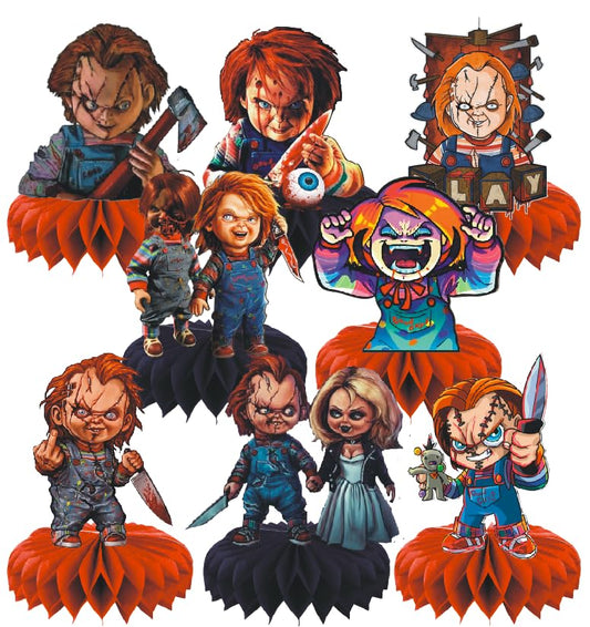 8Pcs Chucky Birthday Party Decorations,Horror Movie Character Party Honeycomb Table Centerpiece Chucky Party Themed Birthday Party Table Decorations for Kids Adults
