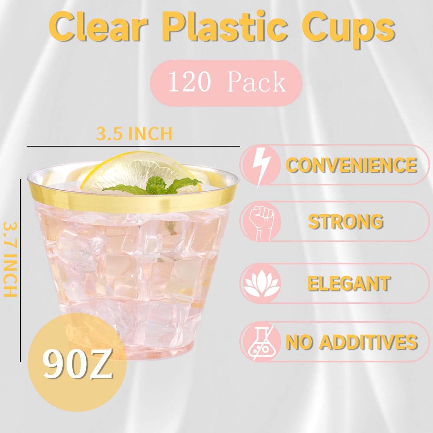 WELLIFE 120 PCS Gold Plastic Cups,9 oz Clear Plastic Cups,Disposable Wine Glasses,Disposable cups for Party and Wedding