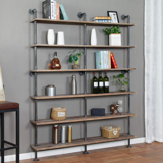 WGX Design For You Industrial 6-Tiers Modern Ladder Shelf Bookcase,Solid Wood Storage Shelf,Display Shelving, Wall Mounted Wood Shelves, Pipe Wood Shelves Bookshelf Vintage Wrought Iron Finish (Gray)