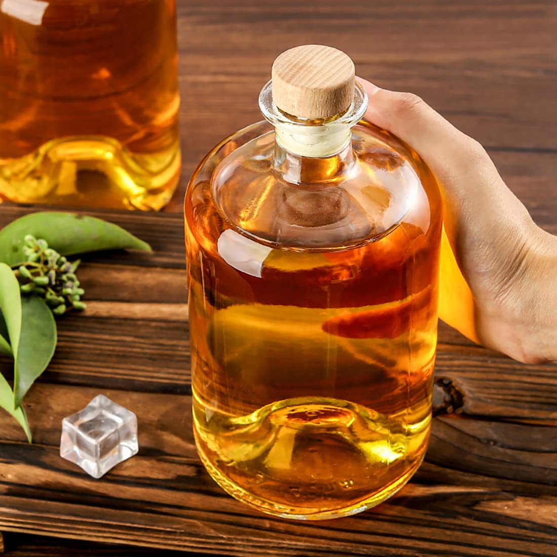 2 Pack 25 oz Heavy Base Clear Glass Liquor Bottles with T-Top Wood Caps Clear Wine Bottles Home Brewing Airtight Crew Bottles Leak Proof for Kombucha Juice Oil Drinks,Kefir,Dishware Safe