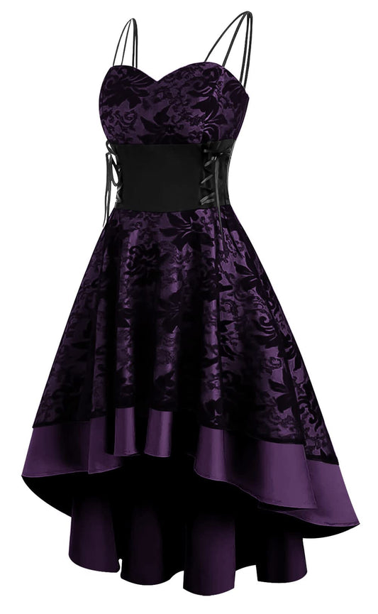 Womens Vintage Halloween Costumes High Low Hem Cami Dress Casual Gothic Steampunk Midi Dresses Summer Medieval Spaghetti Strap Lolita Dress Lace Up Corset Dresses A-Purple