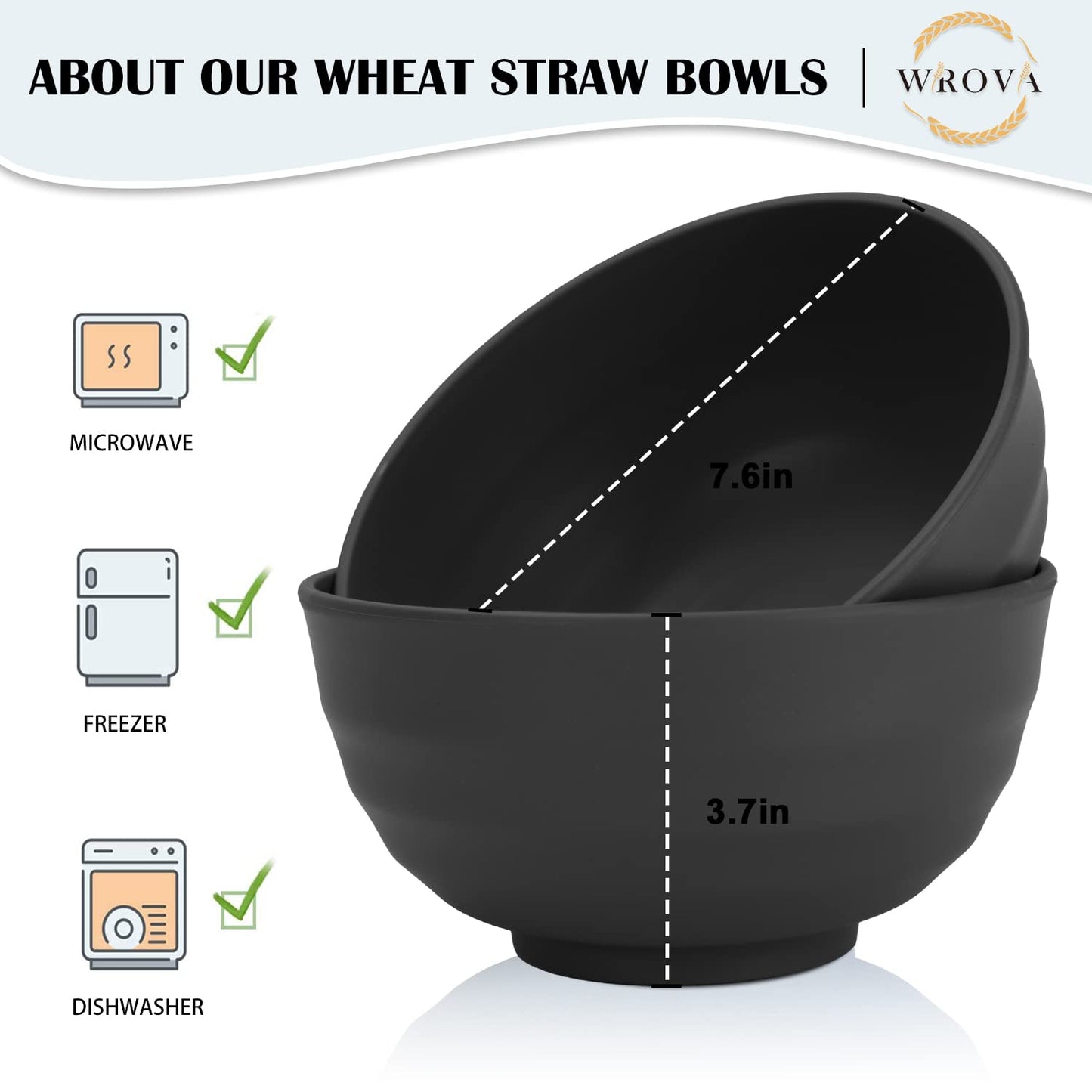Wheat Straw Bowls Set 60 OZ Unbreakable Large Cereal Bowls Set of 6 Microwave and Dishwasher Safe Bowls Big Bowls for Camping and Picnic BPA Free Soup Bowl for Serving Oatmeal and Salad. Black