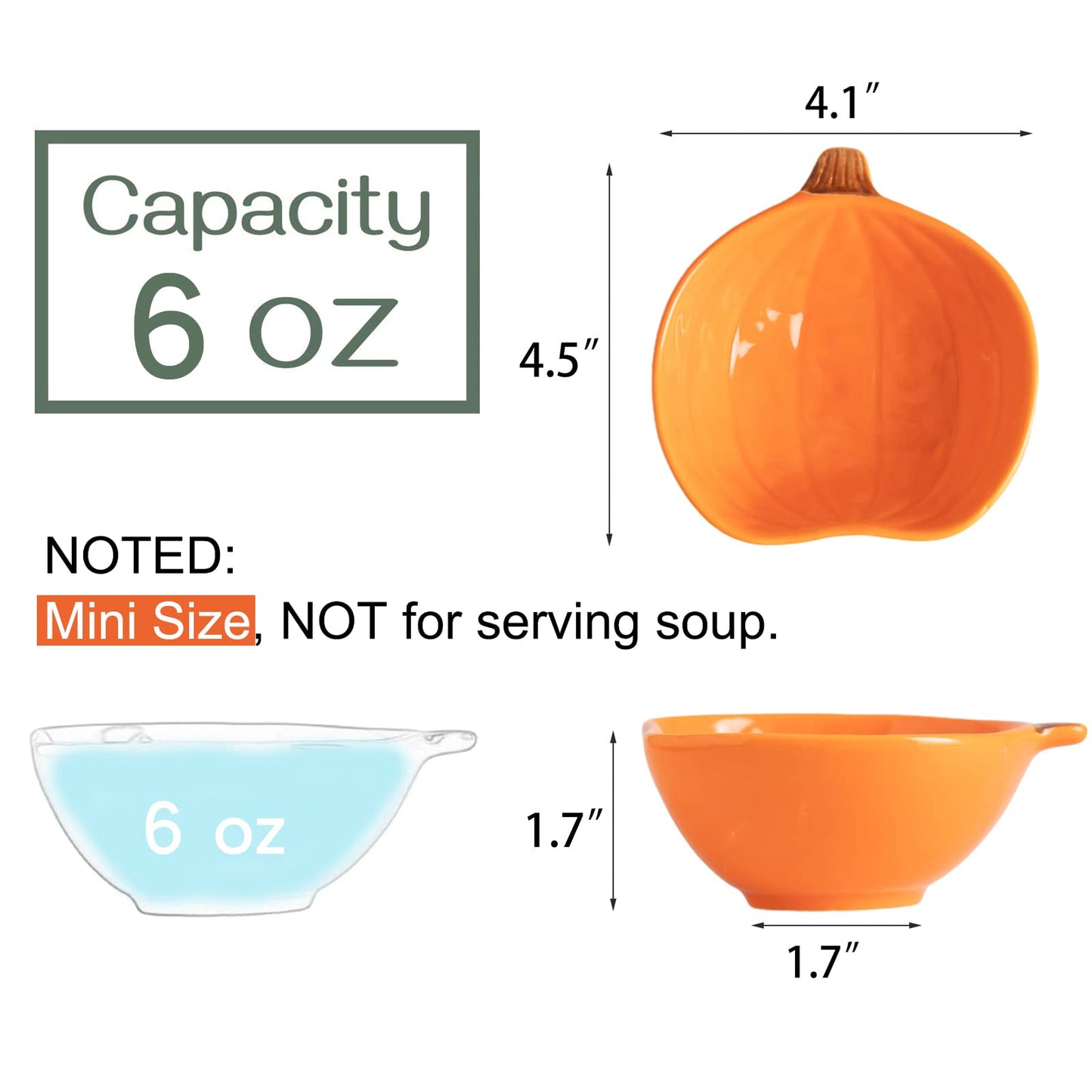 Yeexoxow Ramekins 6 Ounces Oven Safe, Ceramic Ramekins Set for Baking Creme Brulee, Souffle, Pudding, Small Pumpkin Shaped Bowls for Serving Dip, Sauce, Condiments and Snack, Set of 6, Orange