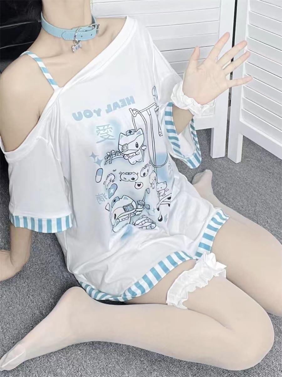 Y2k Harajuku Cartoon Print T Shirts Gothic Women Japanese Fashion Patchwork Off Shoulder T Shirt Kawaii Sweet Tees Tops (White,Small,Small)
