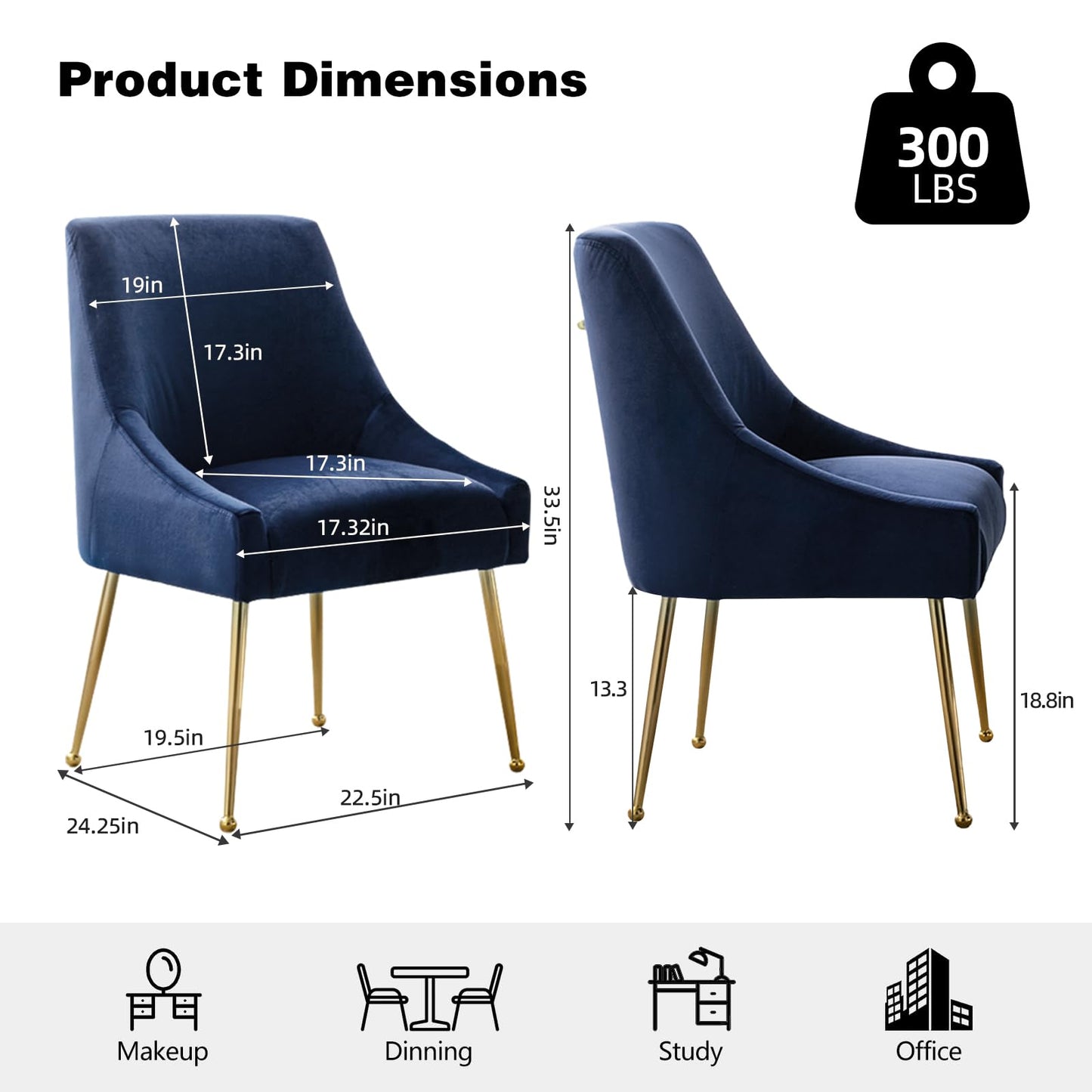 XINHE Dining Chairs Set of 2, Modern Velvet Fabric Upholstered Kitchen Chair with Metal Handle, Thick Cushion (Blue)