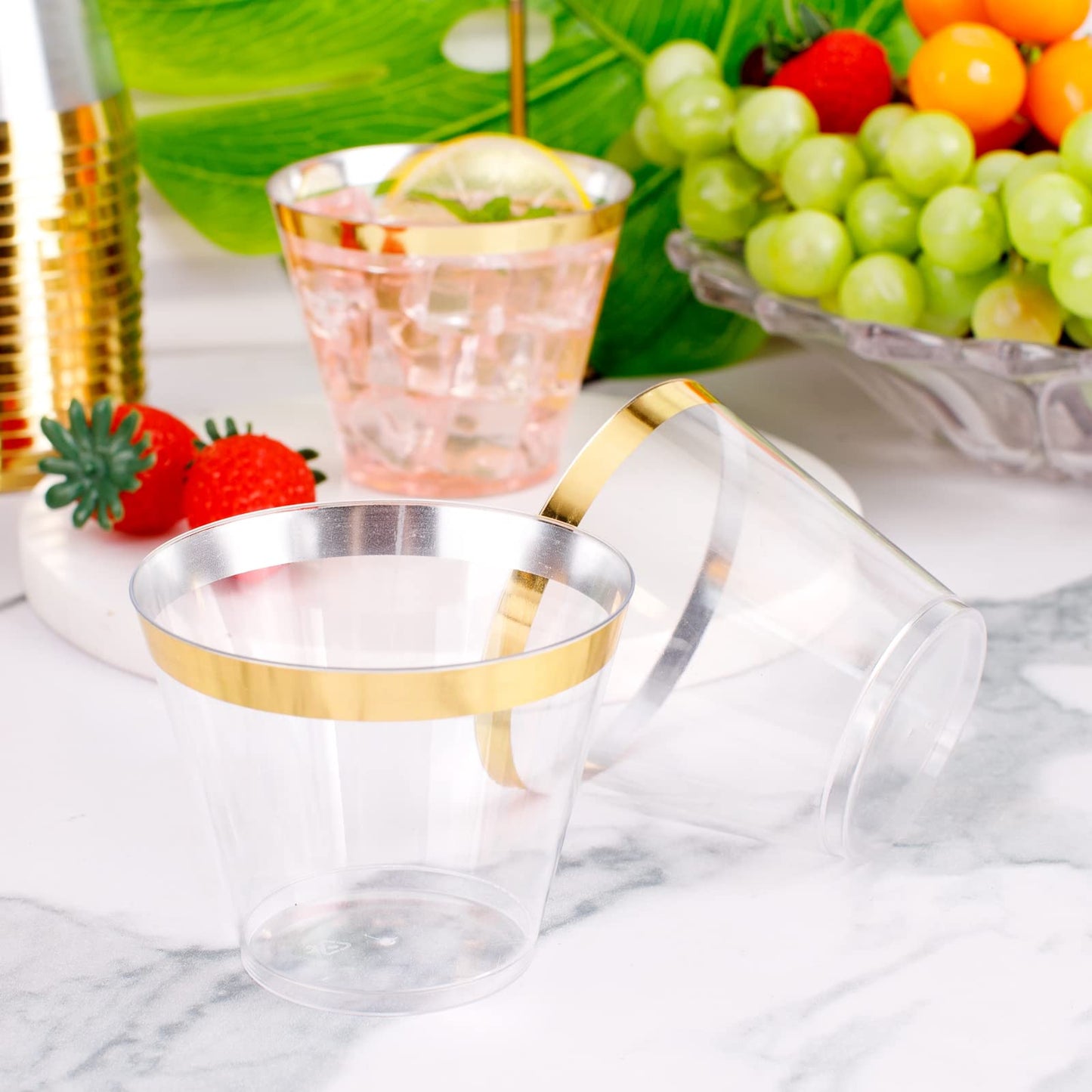 WELLIFE 120 PCS Gold Plastic Cups,9 oz Clear Plastic Cups,Disposable Wine Glasses,Disposable cups for Party and Wedding