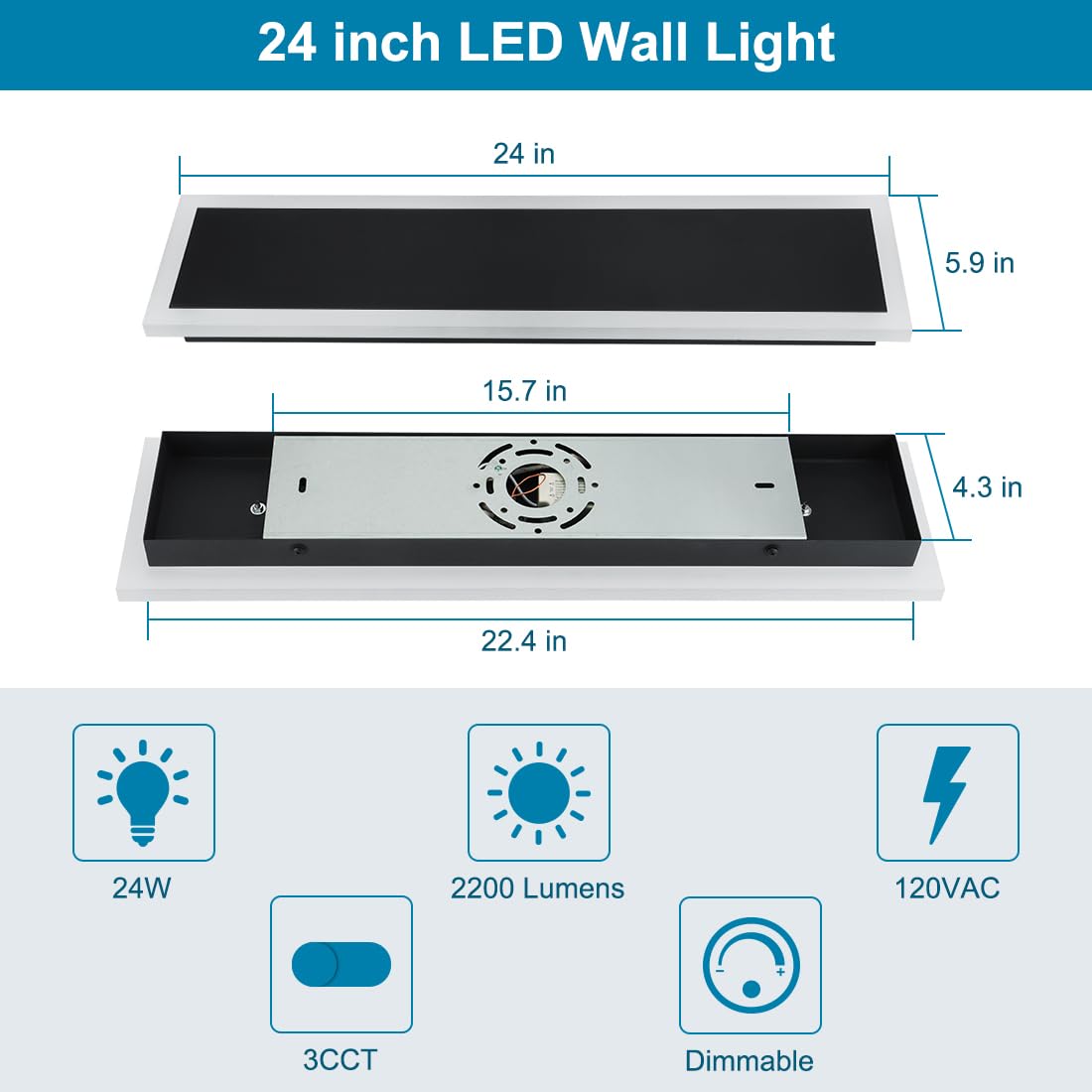Xbuyee 2-Pack 24IN Modern Outdoor Wall Light LED Long Wall Lighting Fixture IP65 Waterproof Wall Lamps, Dimmable 24W 2200LM Black Wall Sconce, 3000K/4000K/5000K Selectable, ETL