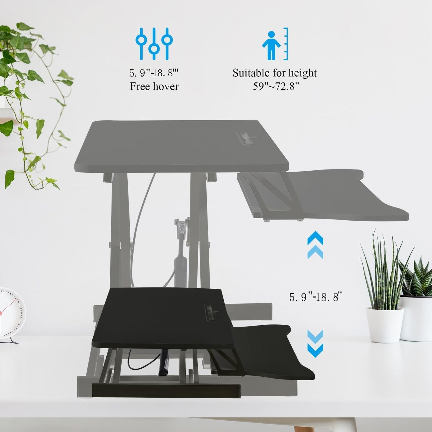 37 Inch Standing Desk Converter - Manual Pneumatic Spring, Two Monitor Stable Standing Desk Converter, 5.9” to 18.8” Height Adjustable Laptop Workstation with Keyboard Tray for Home, Company(Black)