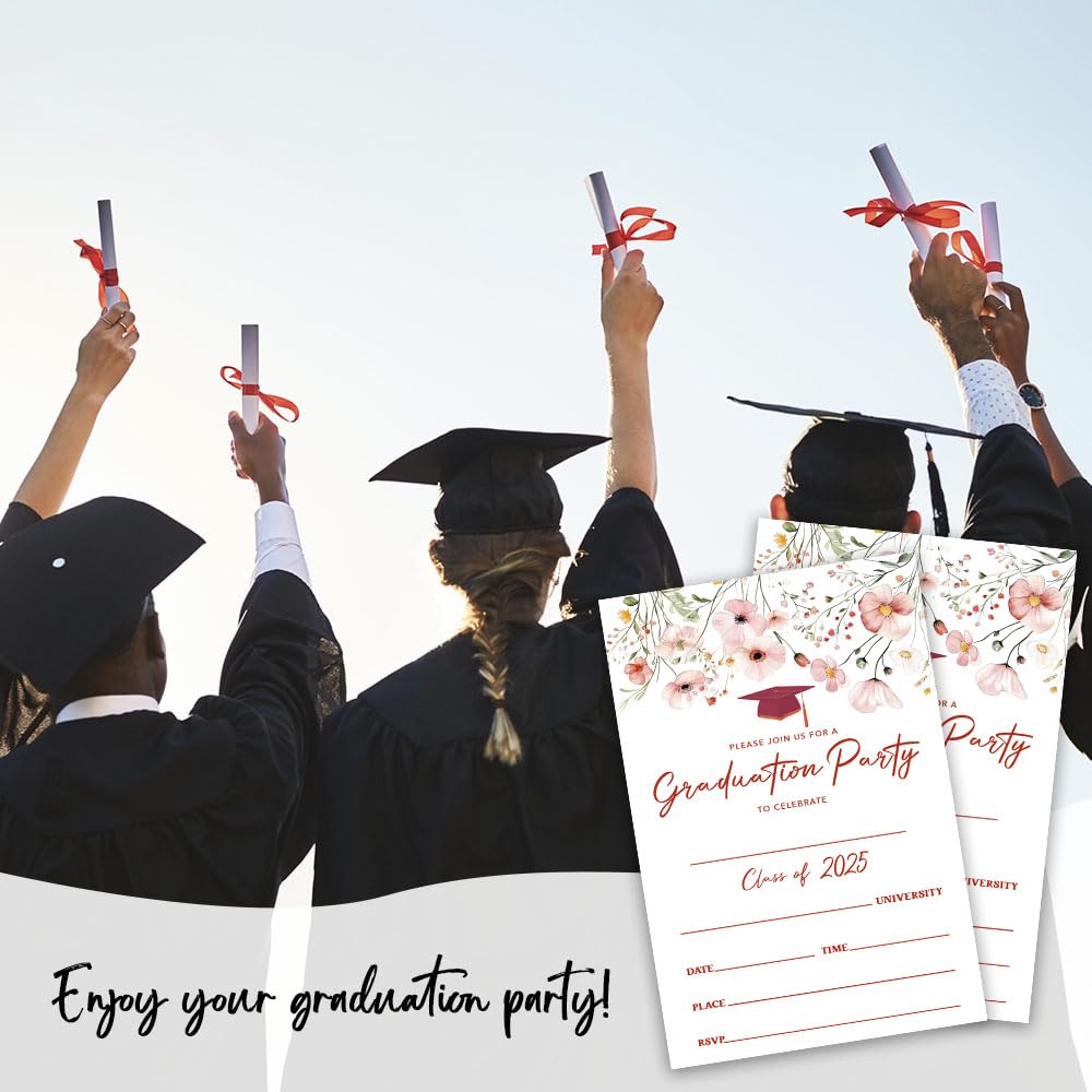 4"x6" Graduation Invitation - 20pcs Invites Card With Envelope - University, Master Graduation Fill-in Style Invitation Card - 2025 Floral Girls Graduation Party Invite Celebration Supplies - A06