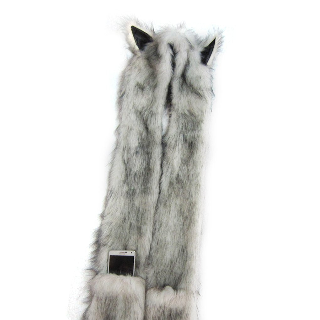 Winter Animal Hat Faux Fur Hooded Scarf Cute Furry Ears Paw Gloves Pocket Hoodie Beanie Cap Party Costume for Women Girls (White)