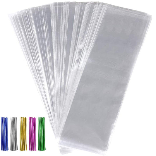 600pcs Cellophane Bags Set - 300pcs Long Clear Treat Bags, 300pcs Colors Twist Ties for Gifts, Party Favors