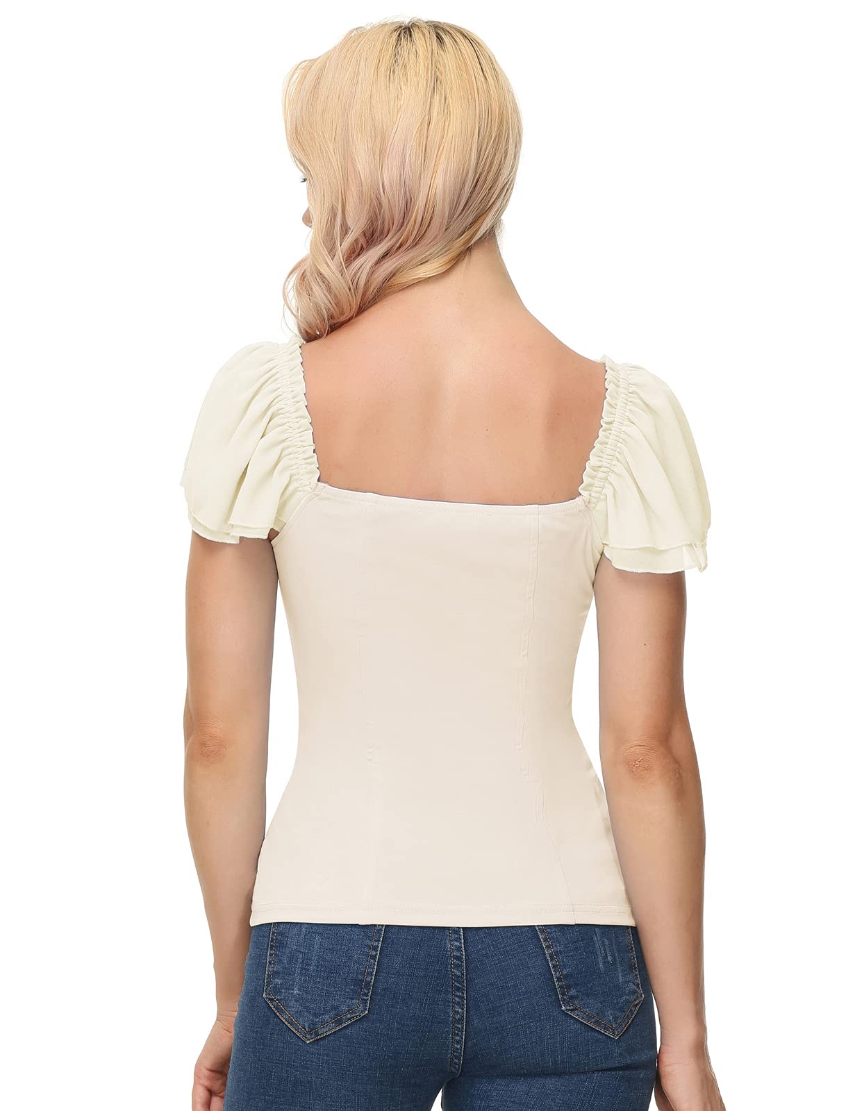 Womens Summer Top Off The Shoulder Vintage Top Flutter Ruffle Sleeve Victorian Shirt Slim Fit Blouse Beige M