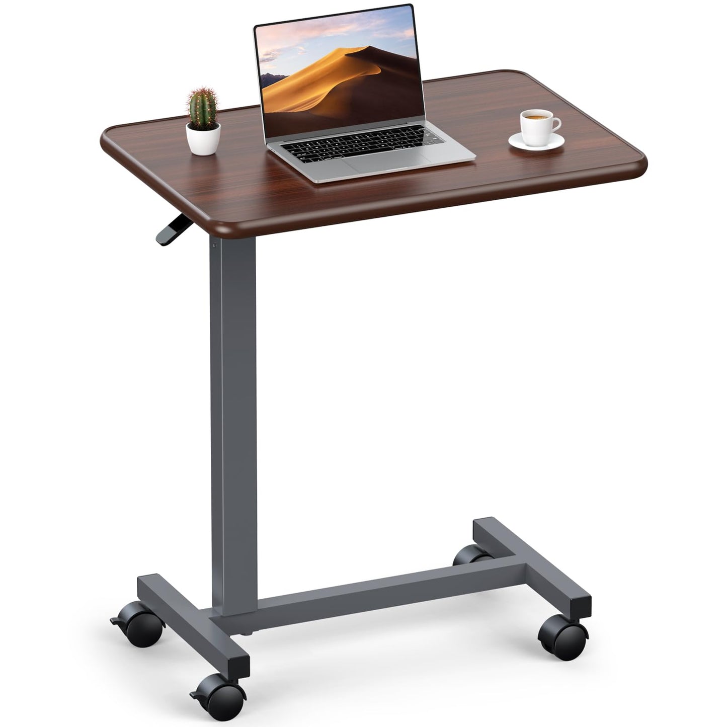WOTURE Adjustable Overbed Table with Wheels, Bedside Rolling Table, Pneumatic Height Adjustment, Hospital Bed Table on Wheels, Standing Desk, Bedridden & Mobility Needs, Walnut