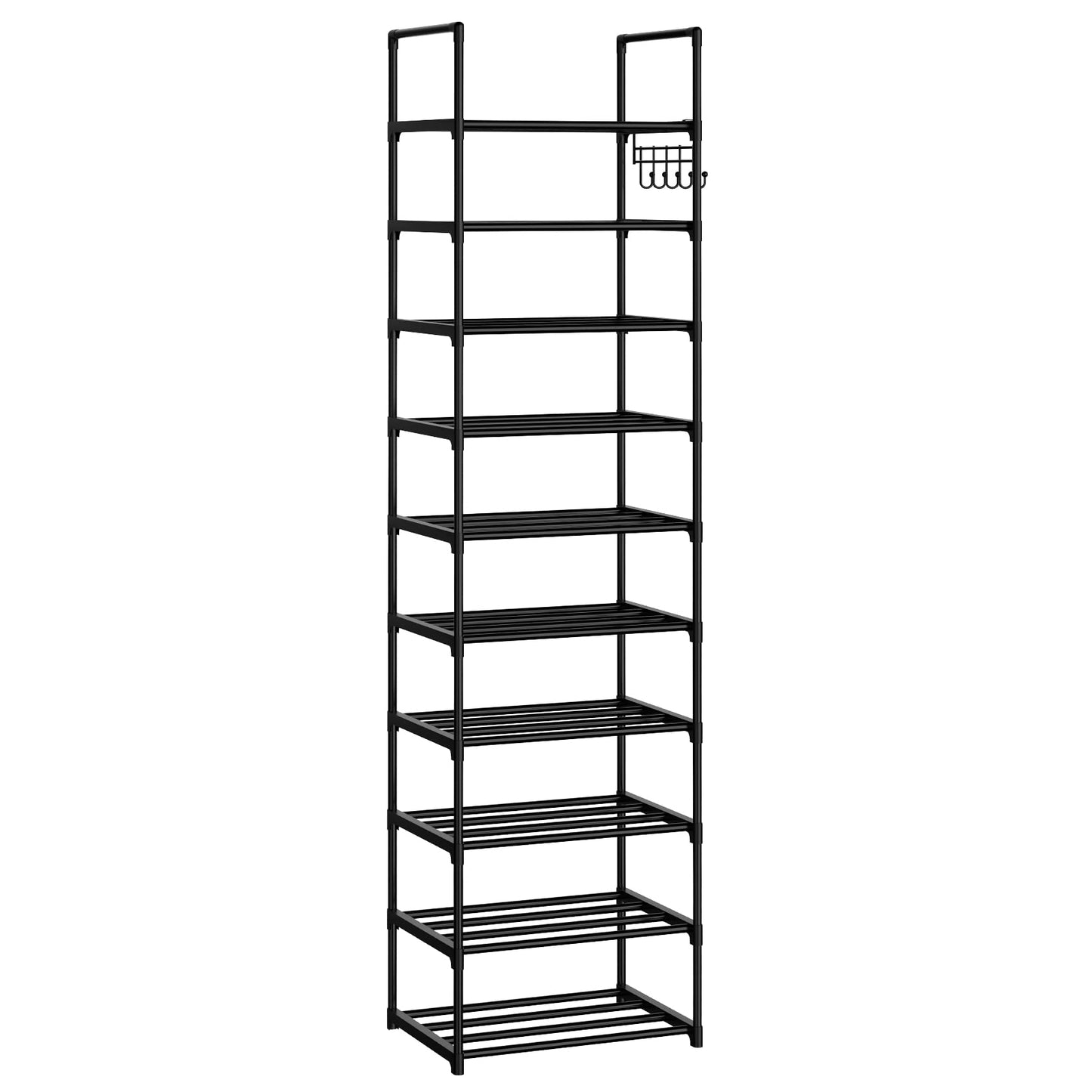 WEXCISE Narrow Shoe Rack 10 Tiers Tall Shoe Rack for Entryway 20 24 Pairs Shoe & Boots Organizer Storage Shelf Durable Black Metal Stackable Shoe Cabinet with Hooks, 17.1D x 11.8W x 78.7H in