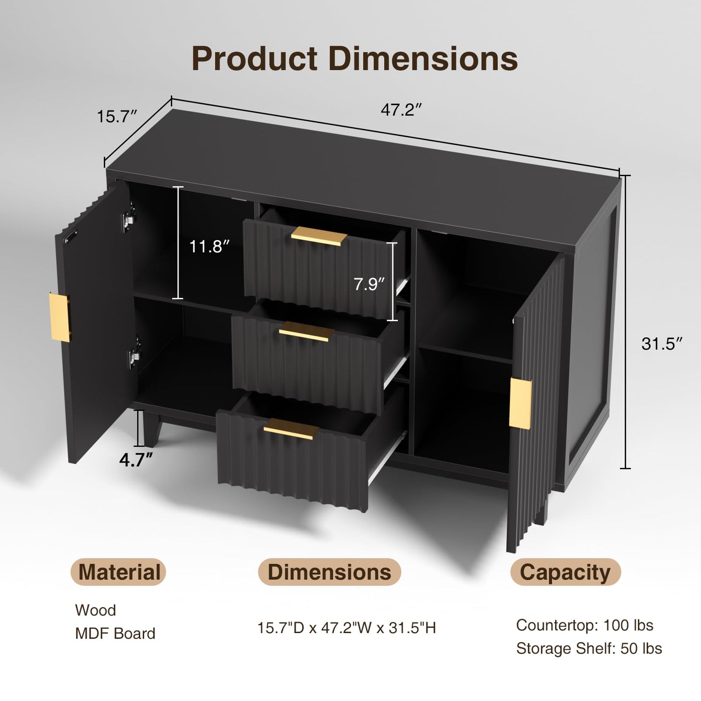 47.2" W Storage Cabinet with 3 Drawers, Fluted Buffet Cabinet with Storage, Large Sideboard with 2 Door, Modern Mid Century TV Stand Coffee Bar Cabinets for Living Room, Kitchen, Entryway
