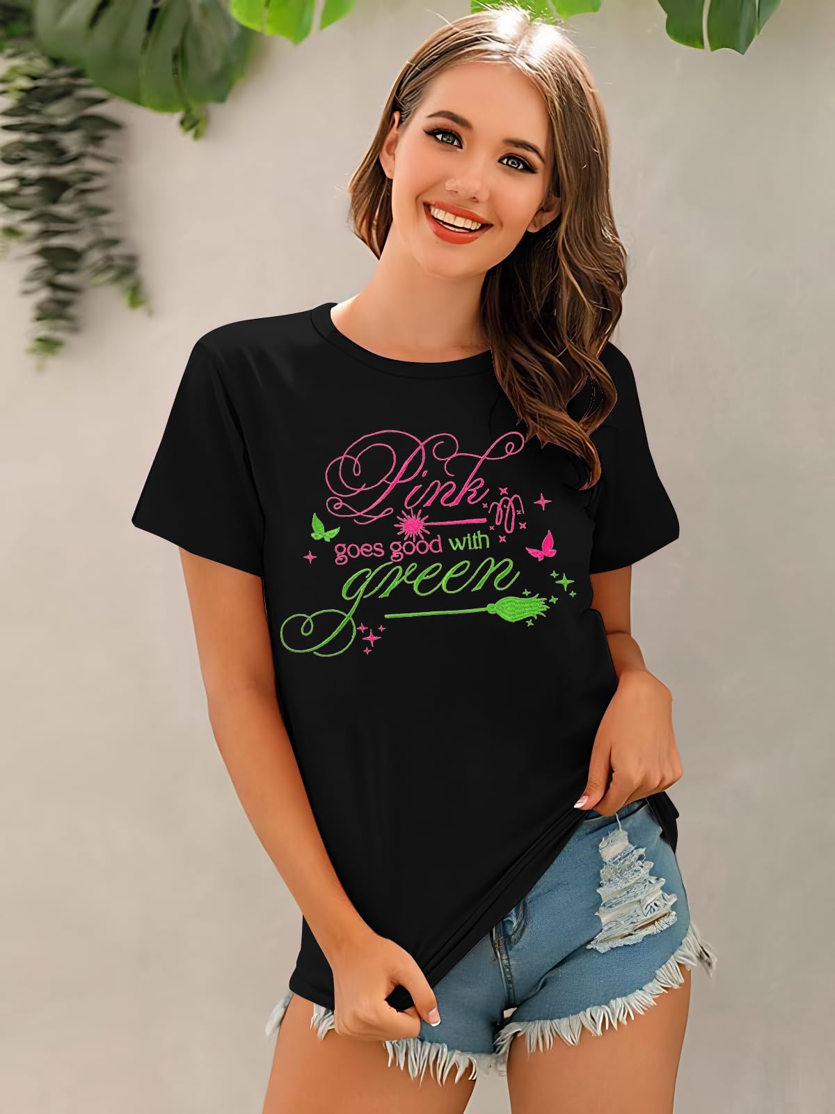 Women Pink Goes Good with Green Shirt Embroidery Musical Movie Shirts Witch and Princess Tee Musical Fan Gift Tops