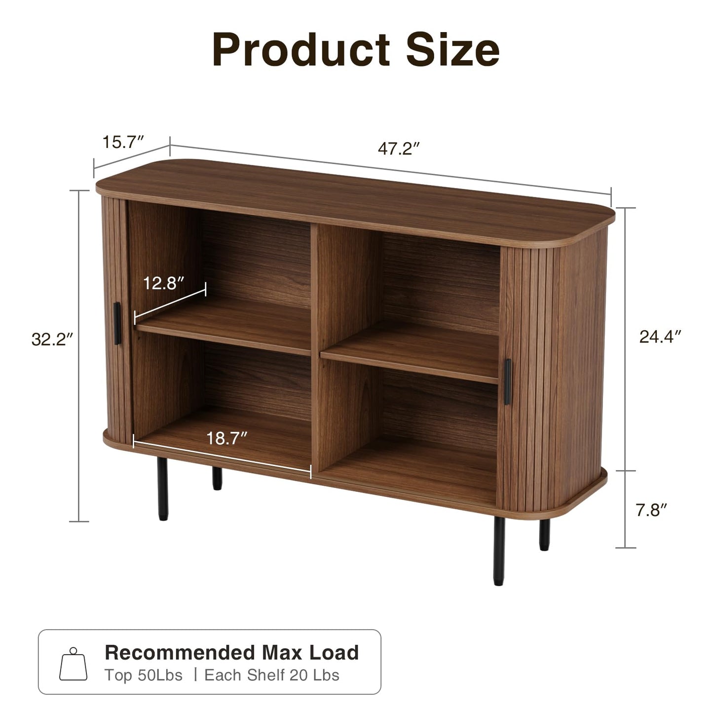 47''W x 32''H Walnut Storage Cabinet, Fluted Sideboard Buffet Cabinet with Storage, Console Table Credenza with Tambour Slatted Sliding Doors, TV Stand for Living Room, Kitchen