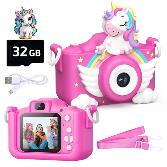 Wembley Kids Camera 3+ Year Old Girl Gift 32GB SD Card 1080P HD Video Adorable Selfie Unicorn Digital Toddler Camera for Kids Toys Boys Birthday Gift for 3-12 Years Old Girls - Pink