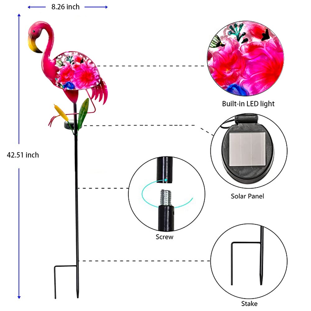 WUFEILY Solar Garden Lights, Glass & Metal Flamingo Solar Garden Decor Solar Pathway Lights Solar Garden Stakes Decorative Yard Art Yard Decor Waterproof for Patio Lawn Courtyard