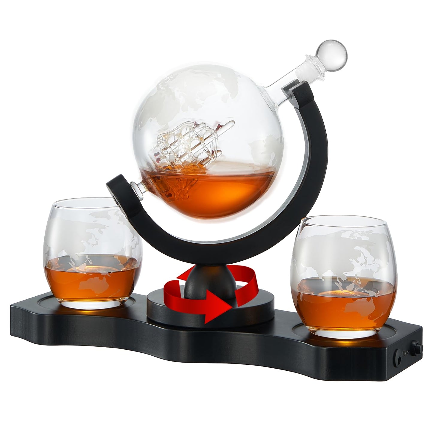 Whiskey Decanter Rotating Globe Set with 2 Etched Whiskey Glasses - Gifts Men Dad, Anniversary Birthday House Warming, Liquor Scotch Bourbon Vodka Gift Him Husband 850ml Ship Decanters, Electronic Set