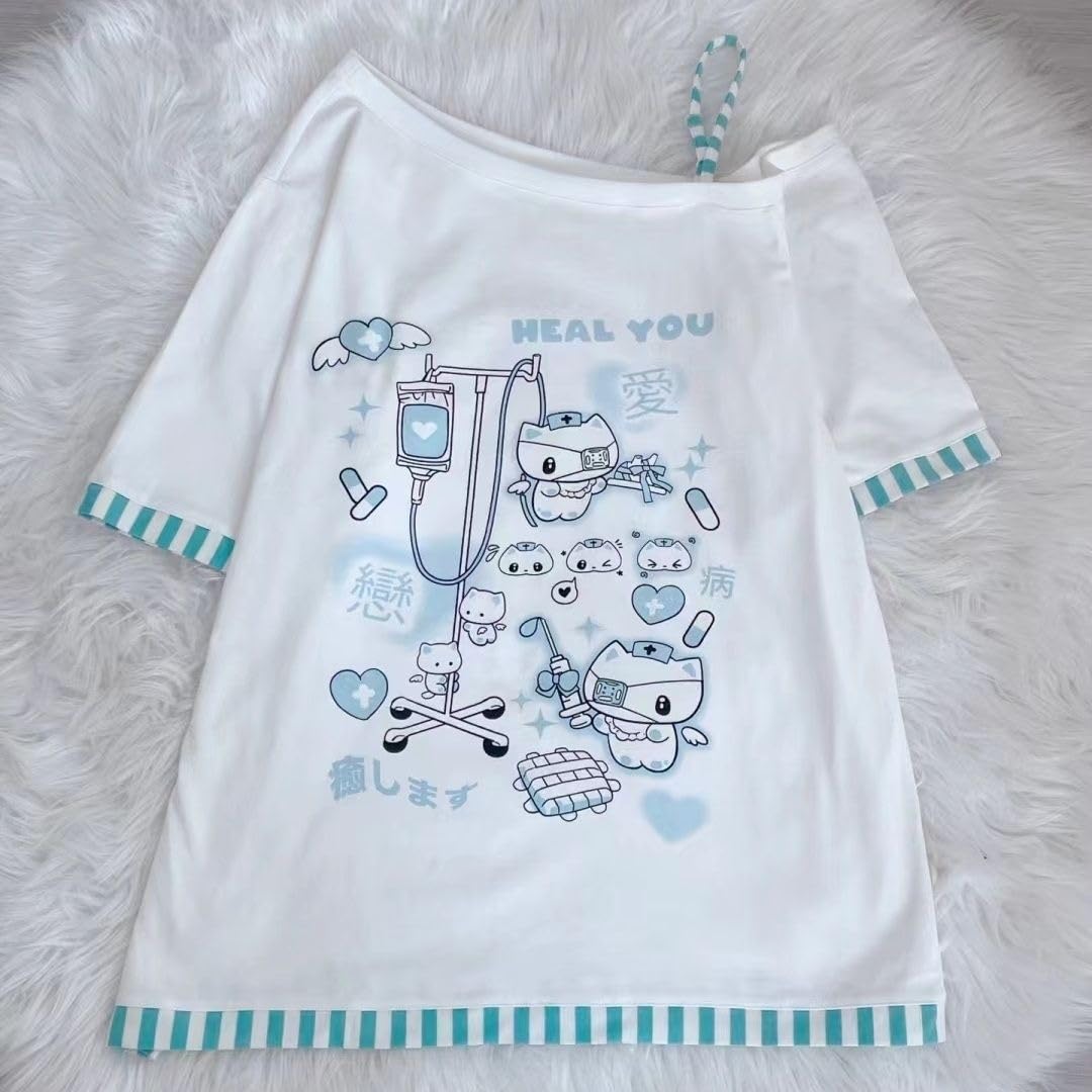 Y2k Harajuku Cartoon Print T Shirts Gothic Women Japanese Fashion Patchwork Off Shoulder T Shirt Kawaii Sweet Tees Tops (White,Small,Small)