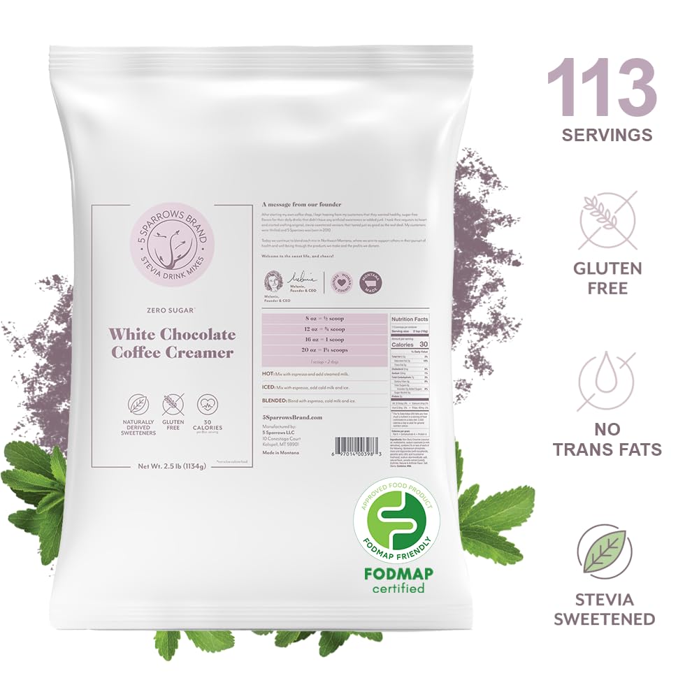 5 SPARROWS Sugar-Free White Chocolate Flavored Drink Mix- Stevia, Keto Friendly, Low FODMAP - No Sugar Coffee Creamer, 40 oz (2.5lb)