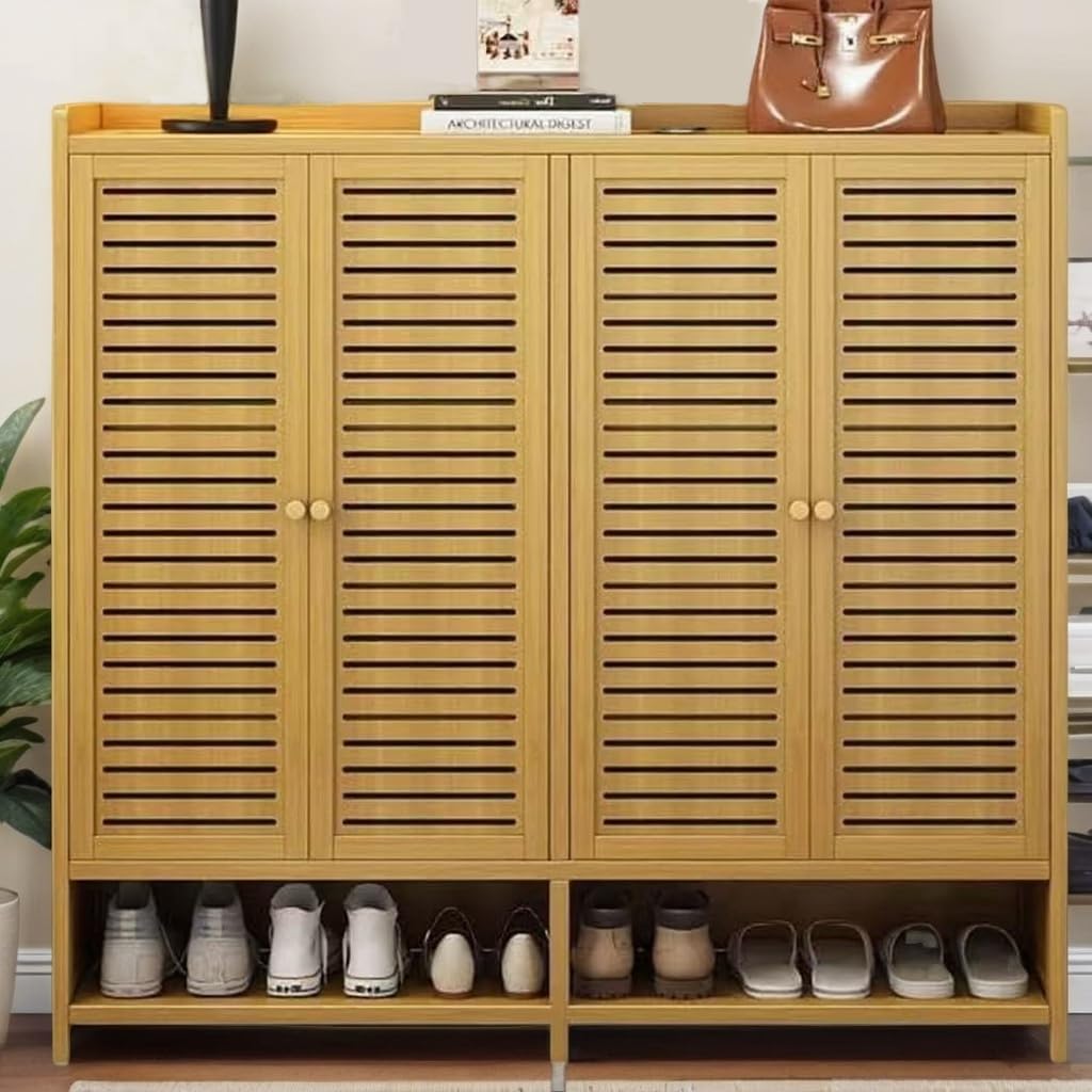 WMIASIN 7-Tier Shoe Rack Cabinet, Bamboo Shoe Cabinet with Doors, 36-40 Pairs Freestanding Shoes Cabinet Organizer，Large Shoe Cabinet for Entryway, Hallway, Living Room